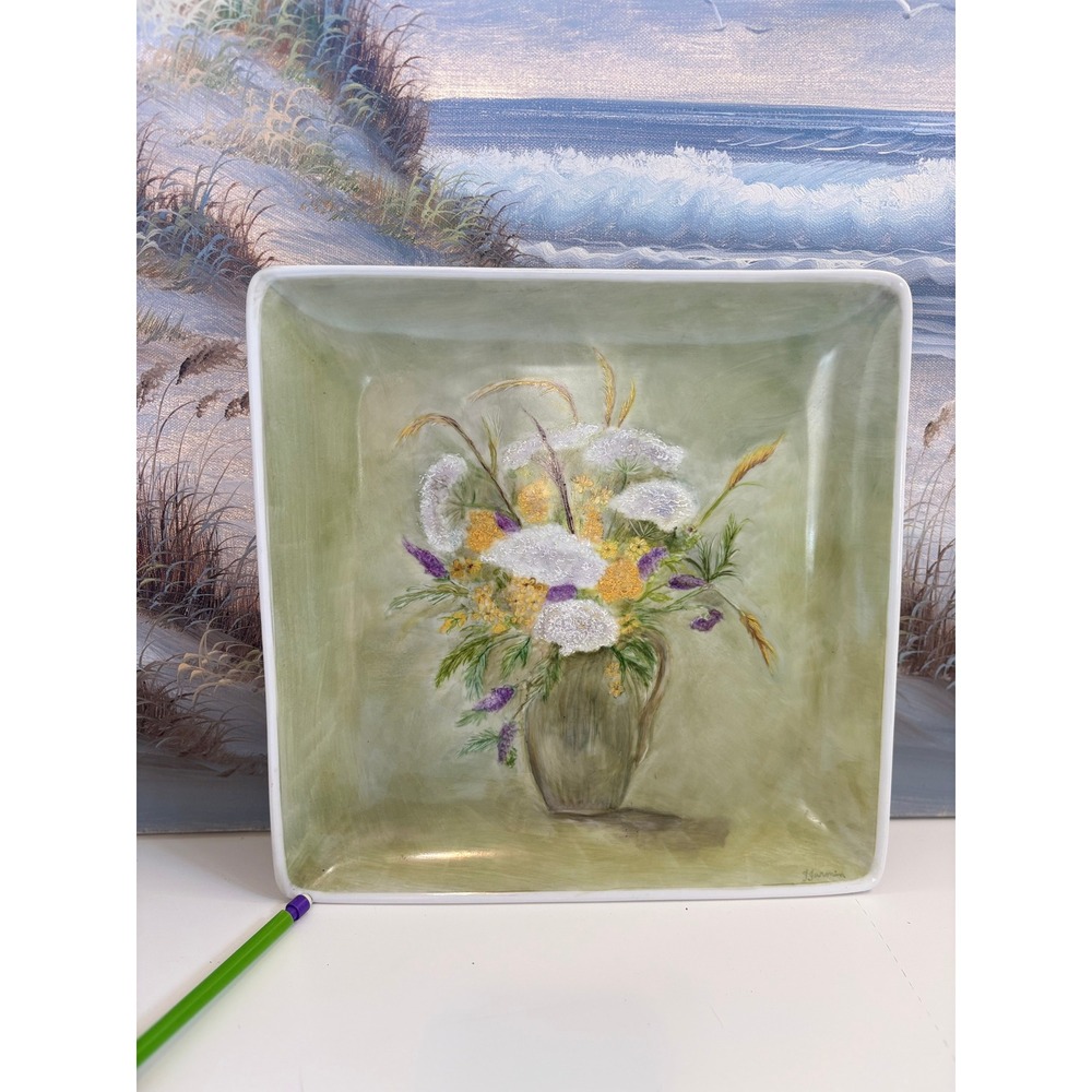 Target Home Porcelain Square Platter Hand Painted Floral Bouquet Sage Green 12in